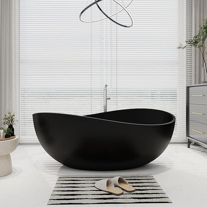 SJ STAR&JANE 63" x 38" Solid Surface Freestanding Bathtub, Oval Soaking Tub with Overflow and Pop-up Drain for Bathroom Matte Black