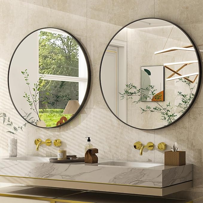 24 Inch Round Bathroom Mirror - Black Wall Mounted Circle Mirror with Metal Frame, Modern Round Hanging Mirror Suitable for Bathroom, Vanity, Entryway, Living Room