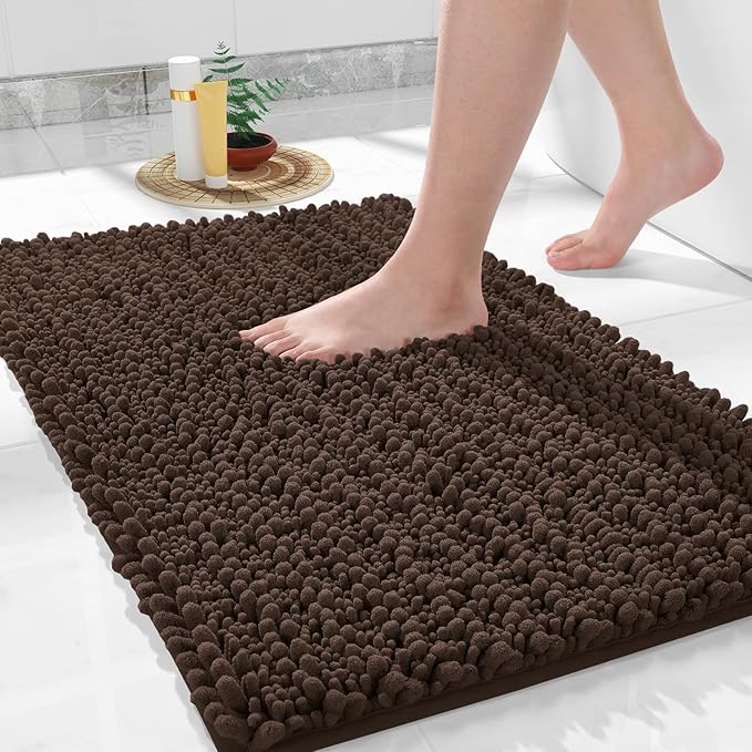 Yimobra Bathroom Rugs Non Slip Washable - Ultra Soft Absorbent Chenille Bath Mat, Quick Dry Shaggy Floor Carpet for Tub Shower, Brown Home Decor Accessories, 24x17 Inch