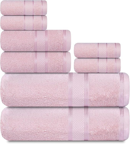 Casa Lino Bath Towel Set of 8 (2 Bath Towels, 4 Wash Cloths & 2 Hand Towels for Bathroom) - 100% Cotton - Highly Absorbent & Quick Dry - Guest Room Essentials for Bathroom Set - (Blush Pink)