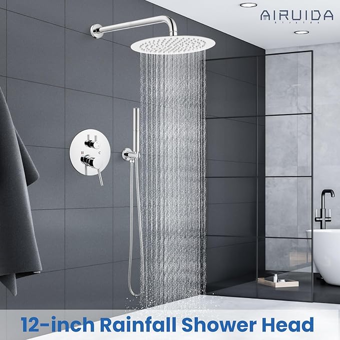Airuida Shower Fixtures 2 Functions Shower Faucet Set Wall Mounted for Bathroom High Pressure Brass Handheld Shower with Rough-in Valve Round Rainfall 12 Inch Shower Head Chrome Polish