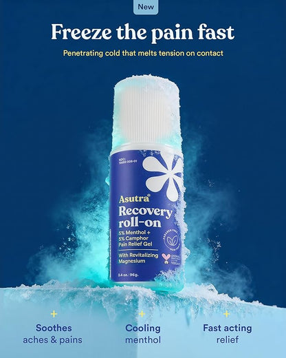 ASUTRA Recovery Roll-On Gel, 3.4 oz - Cooling and Warming Sensation, Temporary Relief from Muscle Discomfort and Soreness, Mess-Free Applicator, Menthol, Camphor, and Premium-Quality Magnesium