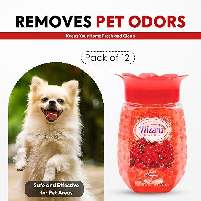 12 WIZARD Odor Eliminator Gel Beads - 12 oz, Air Freshners For Bathroom, Rooms, Per Areas and Car Freshner - Rose Bouqet