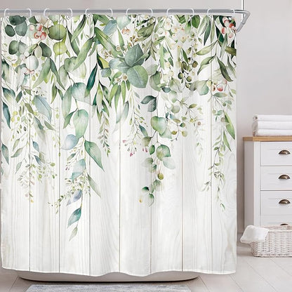 Riyidecor Sage Green Eucalyptus Leaves Shower Curtain for Bathroom Decor 72Wx72H Wooden Rustic Leaf Plants Botanical Spring Floral Art Printed Fabric Polyester Waterproof 12 Pack Plastic