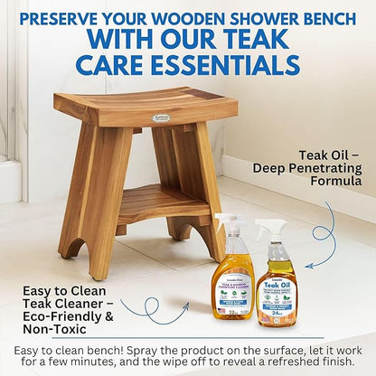 EcoDecors Teak Shower Bench with Shelf 18", 300 lb Capacity – Fully Assembled Waterproof Wood Spa Seating for Adults - Compact Fit for Small Bathrooms & Walk-in Showers - Slip-Resistant Feet