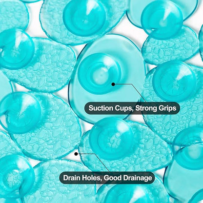 WELTRXE Pebbles Bath Mat Oval Non-Slip Bathtub Mat with Suction Cups, Drain Holes for Bathroom Showers, Tub, Machine Washable, BPA, Latex Free Safe Shower Mats, 27 x 14 Inch, Teal