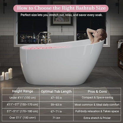 ABRUZZO 55" Acrylic Freestanding Bathtub - Deep Soaking Tub with Pop-Up Drain & Overflow, Glossy White Standalone Bathtub for Modern Bathroom, Fiberglass Reinforced Construction