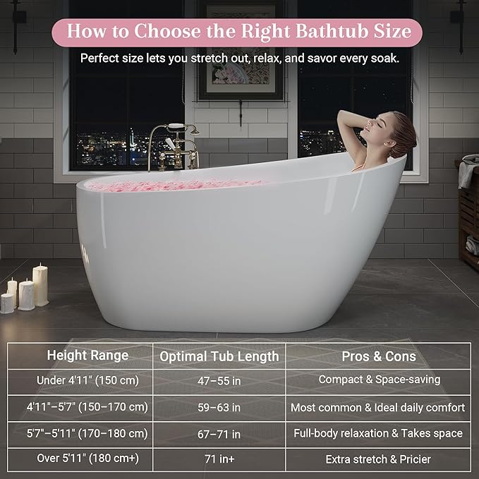 ABRUZZO 63" Acrylic Freestanding Bathtub - Deep Soaking Tub with Pop-Up Drain & Overflow, Glossy White Standalone Bathtub for Modern Bathroom, Fiberglass Reinforced Construction