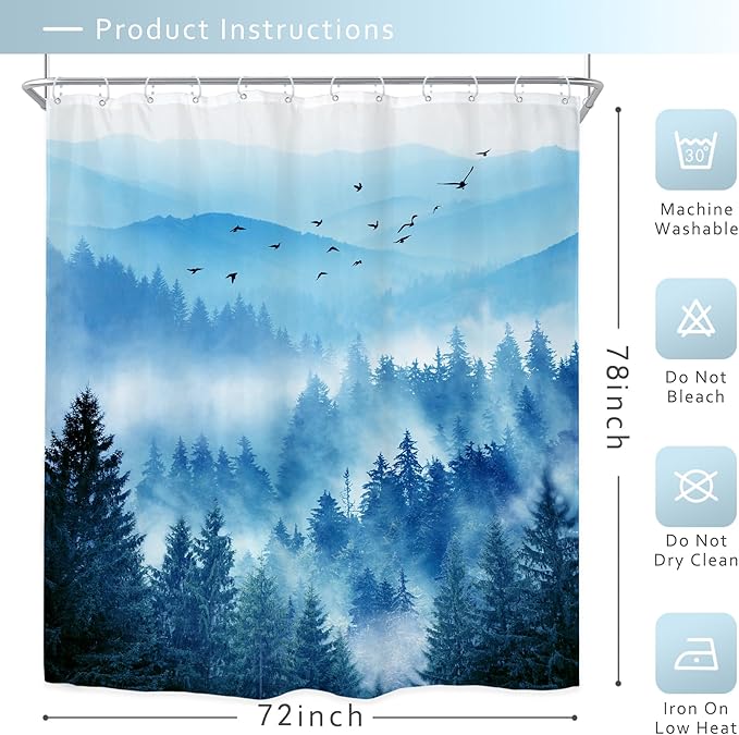 Riyidecor Extra Long Blue Shower Curtain 72Wx78H Inch Foggy Misty Nature Mountain Scene Navy Park View Pine Tree Alpine Natural Botanical Bathroom Decor Fabric Polyester Waterproof 12 Pack Hooks