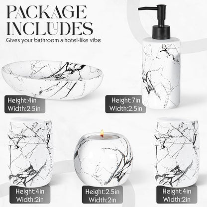 Ceramic Bathroom Accessory Set, 5-Piece Bathroom Accessory Set, Soap Dish, Toothbrush Holder, Soap Dispenser, Bathroom Tumbler & Candle Holder - Modern Bathroom Organizer, (White & Black)