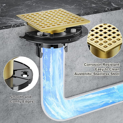 Brushed Gold Shower Drain 4-1/4 Inch - Square Shower Floor Drain Kit with ABS Flange for 2" or 3" Pipe, Drain with Hair Strainer,Removable Strainer Cover,SUS304 Stainless Steel & CUPC Certified