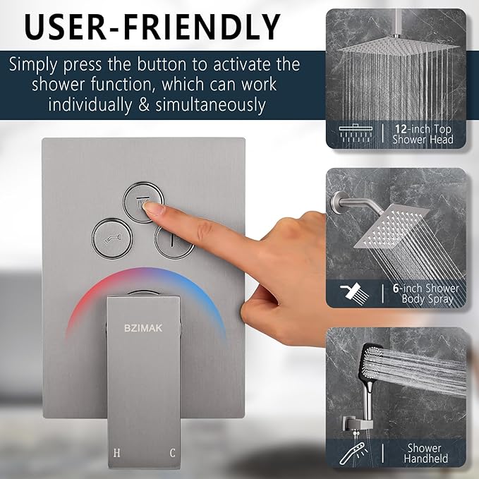 Shower Faucet Set Rainfall Shower System Push Button Diverter Shower Faucet with 4 in 1 Handheld, Ceiling Mount 12 Inch Shower Head and 6 Inch Wall Mount Shower Head
