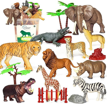 10 Big Realistic Safari Animal Toys for Kids 3-7, Jungle Figures Set with 12 Accessories & Storage Bucket, Educational Plastic Toys