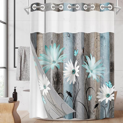 No Hook Rustic Farmhouse Shower Curtain with Snap in Fabric Liner Set, Teal Daisy Flowers and Butterfly on Wooden Double Layers Waterproof with See Through Top Bath Curtain 54x80 Inch
