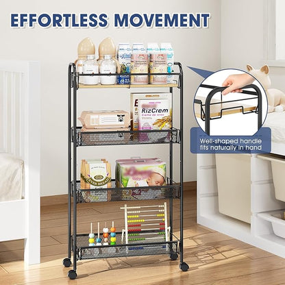 TOOLF 4-Tier Rolling Cart, Metal Utility Cart, Slide Out Storage Cart with Wooden Tabletop and Mesh Baskets, Easy Assemble Trolley for Kitchen Bathroom Laundry Room Bedroom Apartments Dormitory