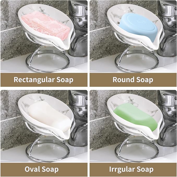 Leaf-Shaped Soap Dish – Premium Ceramic Soap Bar Holder with Self-Drainage System – Bar Soap Holder for Shower, Bathroom Sink, Kitchen – Waterfall Soap Dish with Stainless Steel Stand (SLIVER)