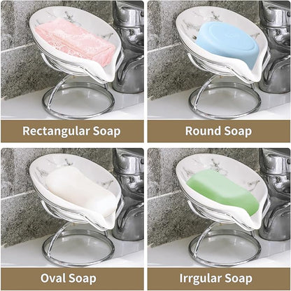 Leaf-Shaped Soap Dish – Premium Ceramic Soap Bar Holder with Self-Drainage System – Bar Soap Holder for Shower, Bathroom Sink, Kitchen – Waterfall Soap Dish with Stainless Steel Stand (SLIVER)