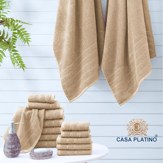 Casa Platino 100% Mercerized Cotton Bathroom Towels Set - 24 Pc - Ringspun, Soft & Absorbent - 2 Bath Sheets, 2 Gym, 2 Bath, 4 Fingertip, 6 Hand Towels, 8 Washcloths - Double Sided Terry - Beige