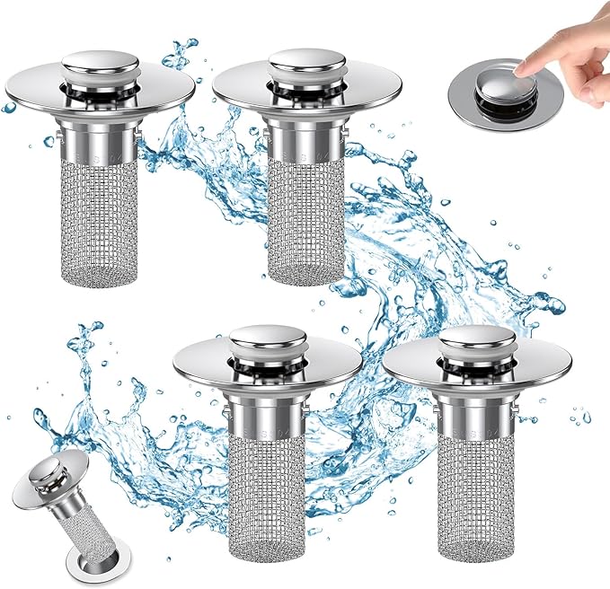 Bathroom Sink Drain Strainer, Pop Up Sink Drain Filter with Removable Stainless Steel Filter Basket Hair Catcher, Bathroom Sink Drain Stopper, for Us Bathroom Sink Stopper Replacement (4pcs)