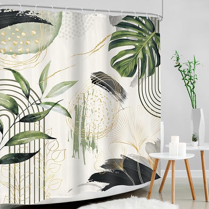 Grey Green Boho Shower Curtain 60Wx72H Tropical Palm Leaves Abstract Mid Century Modern Bohemian Minimalist Gold Leaf Plant Bathroom Decor Botanical Bath Curtain Fabric Polyester 12 Pack Hooks