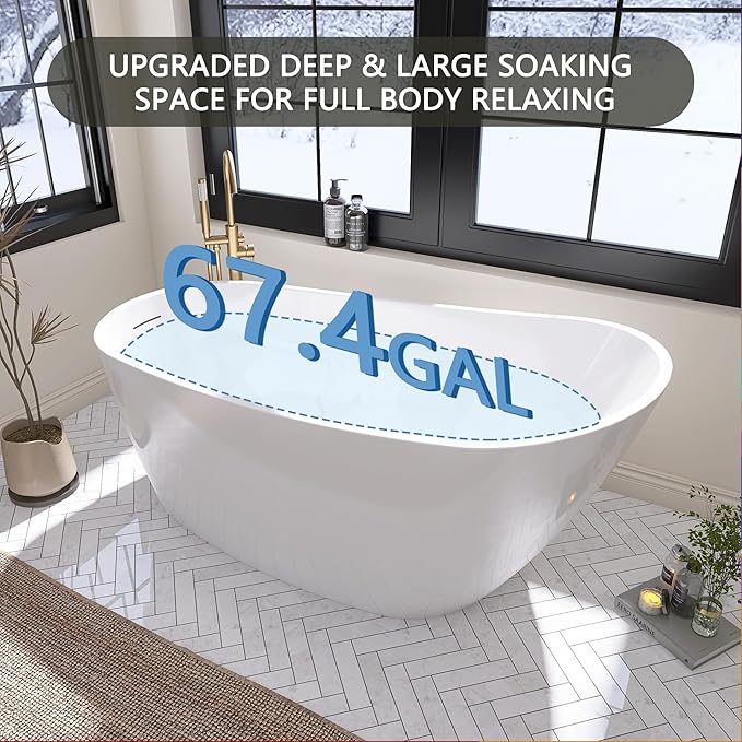 67" Free Standing Tub, Pure Acrylic Freestanding Bathtub, Stylish Stand Alone Tub, Contemporary Deep Soaking Bath Tub, cUPC Certified SY9970 (Glossy White)