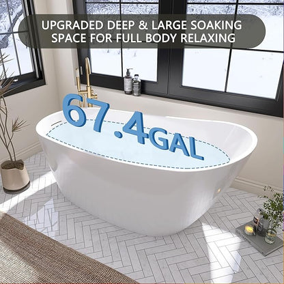 67" Free Standing Tub, Pure Acrylic Freestanding Bathtub, Stylish Stand Alone Tub, Contemporary Deep Soaking Bath Tub, cUPC Certified SY9970 (Glossy White)