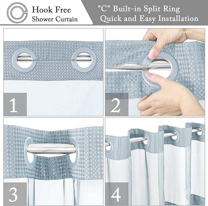 Gibelle Stall Small Shower Curtain 36x74, Waffle Weave Shower Curtain with Snap-in Fabric Liner Set, No Hooks Needed, Hotel Style with Mesh Top Window, Fog Blue