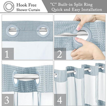 Gibelle Stall Small Shower Curtain 36x74, Waffle Weave Shower Curtain with Snap-in Fabric Liner Set, No Hooks Needed, Hotel Style with Mesh Top Window, Fog Blue
