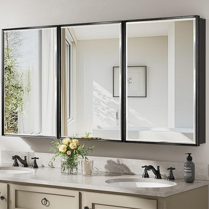 60x30 Pre-Assembled Black Medicine Cabinet with Mirror, Surface or Recessed Medicine Cabinet Mirror for Bathroom, Aluminum Beveled Frame Bathroom Vanity Mirror with Adjustable Shelves Storage