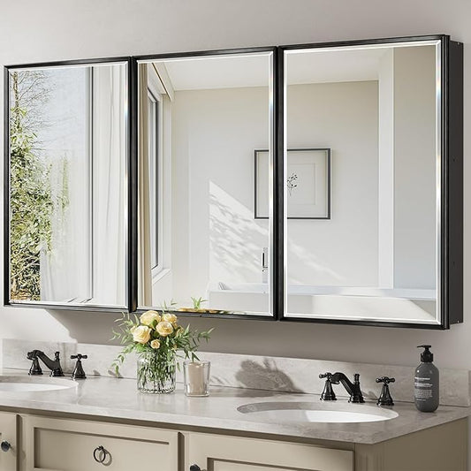 60x30 Pre-Assembled Black Medicine Cabinet with Mirror, Surface or Recessed Medicine Cabinet Mirror for Bathroom, Aluminum Beveled Frame Bathroom Vanity Mirror with Adjustable Shelves Storage