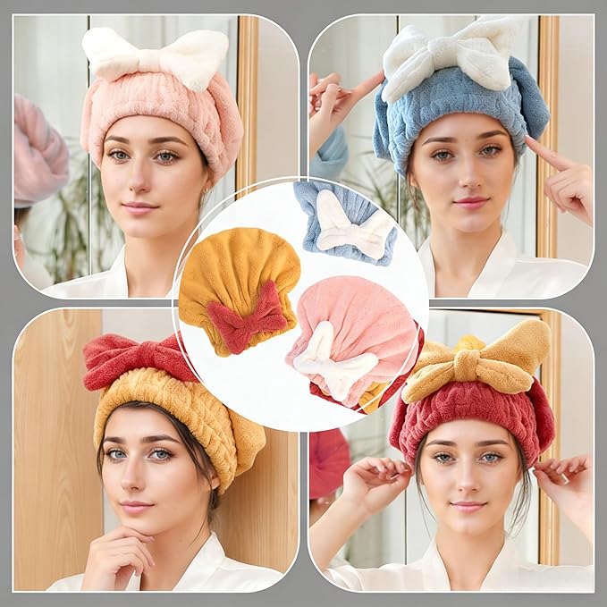 (2PC Red + Pink) Women's Super Absorbent Towel Pack Ultra Fine Fiber Quick Drying Towel Soft Bow Tie Set to Reduce Hairiness Lightweight Hair Blow Towel Suitable for All Hair Types