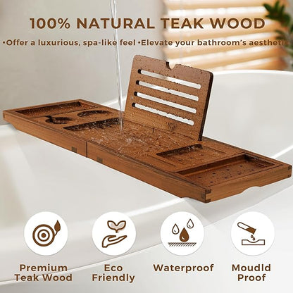 Teak Bathtub Tray Expandable Bathroom Tray for Home Spa Relaxation, Wooden Tray Caddy for Bathtub, Teak Bathtub Caddy as Unique Housewarming, Birthday, Wedding Shower Gifts (Natural Teak)