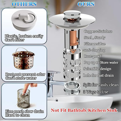 3 in 1 Bathroom Sink Drain Strainer,Universal Pop Up Bathroom Sink Stopper Hair Catcher,with Filter Basket Sealing Ring for Anti-Clogging Odor-Proof,Easy Install Drain Catcher for 1.06”~1.61” Hole
