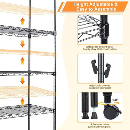 Whitmor 5 Tier Shelving Unit, Adjustable Storage Shelves with Wheels, 400 lbs Capacity per Shelf, Max 2000 lbs Total for Pantry, Kitchen, Garage, 30" L x 14" W x 60" H, Black