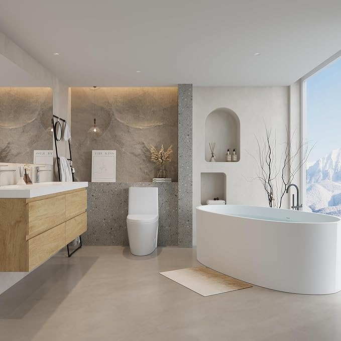 Abruzzo 65" Matte White Freestanding Solid Surface Bathtub, Stone Resin Freestanding Bath Tub with Overflow and Pop-up Drain