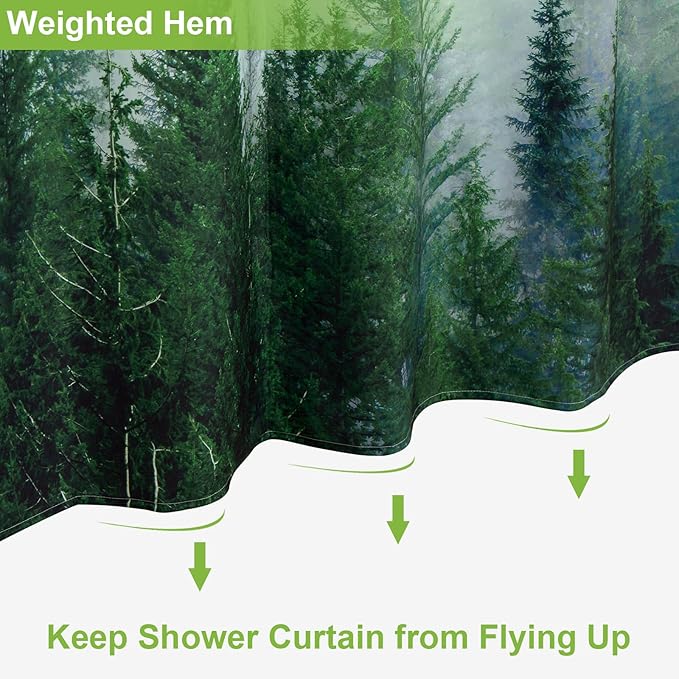 ORTIGIA Green Misty Forest Heavy Duty Shower Curtain for Bathroom, Nature Woodland Shower Curtain Set with Hooks, Decorative Pine Tree Fog Magic Bath Curtain for Home, 70x72