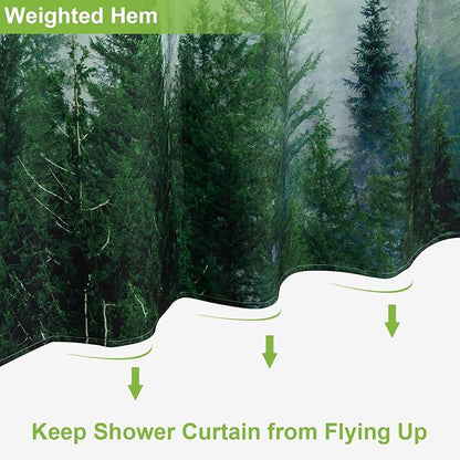 ORTIGIA Green Misty Forest Heavy Duty Shower Curtain for Bathroom, Nature Woodland Shower Curtain Set with Hooks, Decorative Pine Tree Fog Magic Bath Curtain for Home, 70x72