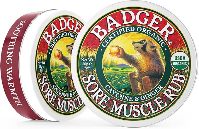 Badger Sore Muscle Rub, 100% Organic Sore Muscle Cream, Cayenne & Ginger Warming Sore Muscle Relief, Recovery & Relaxation, Long Lasting, Great Smelling, 2 oz Tin, 2-Pack