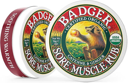 Badger Sore Muscle Rub, 100% Organic Sore Muscle Cream, Cayenne & Ginger Warming Sore Muscle Relief, Recovery & Relaxation, Long Lasting, Great Smelling, 2 oz Tin, 2-Pack