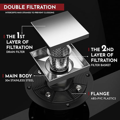 WEBANG 4 Inch Square Shower Drain Brushed Floor Drain with Flange Reversible 2-in-1 Cover Tile Insert Grate Removable SUS304 Stainless Steel CUPC Certified Brushed