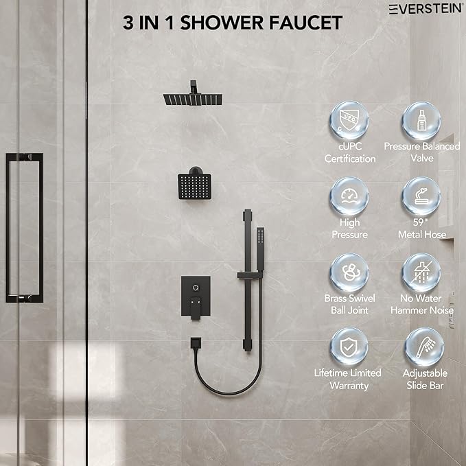 10" High-Pressure Rainfall Shower Faucet with Handheld Spray, Wall Mount Dual Shower Head System with Slide Bar (Matte Black)