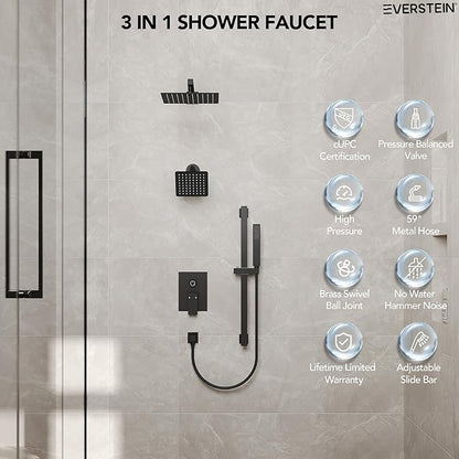 10" High-Pressure Rainfall Shower Faucet with Handheld Spray, Wall Mount Dual Shower Head System with Slide Bar (Matte Black)