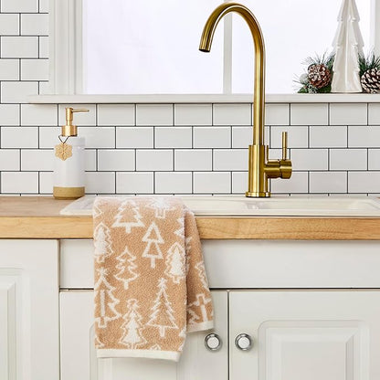 SKL Home Christmas/Winter Mod Tree 100% Cotton Premium 2-Piece Hand Towel Set, 450 GSM, Reversible Jacquard, Soft & Absorbent, Decorative for Bath/Kitchen/Bar, Tan