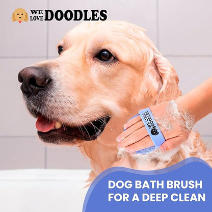 We Love Doodles Bundle 4-in-1 Non-Organic Dog Shampoo (Lavender & Chamomile) and Dog Bath Brush - Pet Rubber Brush for Shower Scrubbing & Soothing Massage, Essential Puppy Grooming Accessories