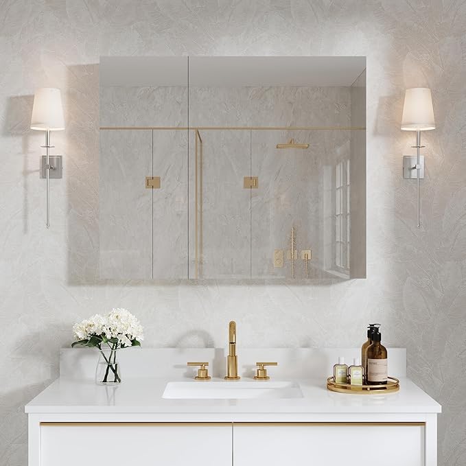 WELLFOR 36" x 30" Rectangle Medicine Cabinet Mirror, Surface Mount or Recessed Medicine Cabinet with Tempered Mirror, Anodized Chrome Aluminum Frame, Bathroom Mirror with Storage