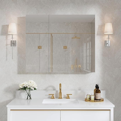 WELLFOR 36" x 30" Rectangle Medicine Cabinet Mirror, Surface Mount or Recessed Medicine Cabinet with Tempered Mirror, Anodized Chrome Aluminum Frame, Bathroom Mirror with Storage