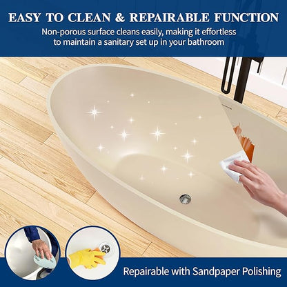 Stone Resin Freestanding Bathtub 65", Elegant Oval Shape Soaking Tub, Solid Surface Stand Alone Bathtub with Drain & Integrated Slotted Overflow AMFS303-1650 milky coffee