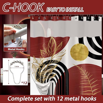 Black and Red Boho See Through Mesh Top Shower Curtain with Window, Dark Red Mid Century Modern Mens Double Layer Shower Curtains with Snap in Liner, Waterproof Fabric with Hooks, 71x72 in