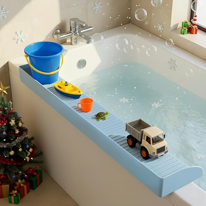 Roslim Splash Guard for Bathtub, Silicone Tub Water Splash Guard with Suction Cups, Bath Toy Tray Holder for Kids & Toddlers, Tub Shelf for Children Bathroom Essentials, Baby Blue
