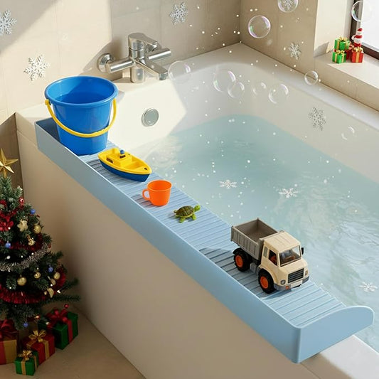 Roslim Splash Guard for Bathtub, Silicone Tub Water Splash Guard with Suction Cups, Bath Toy Tray Holder for Kids & Toddlers, Tub Shelf for Children Bathroom Essentials, Baby Blue